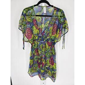 Women's Multicolored Polyester Butterfly Sleeve Fit & Flare Mini Dress Size M